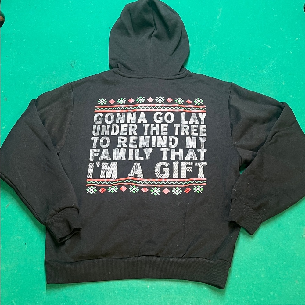 Black Graphic Hoodie with Festive Design NWOT